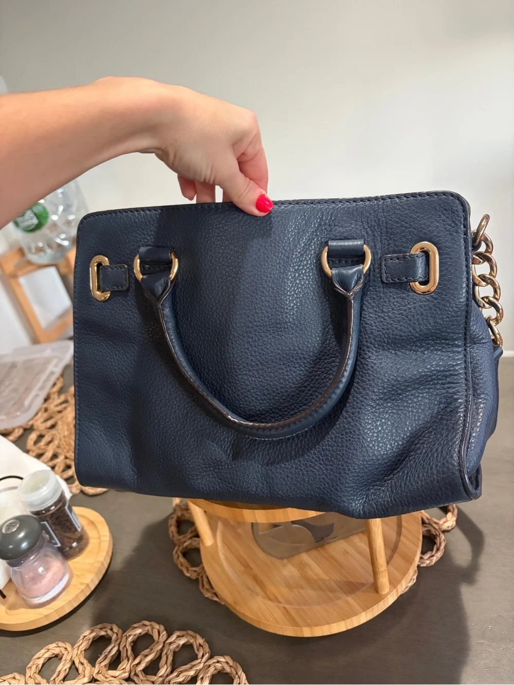 Michael Kors Dark Navy Pebbled Leather Satchel with Gold-Tone Hardware